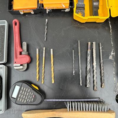 DRILL BITS, HOLE SAW DRILL BITS, TAPE MEASURE W/CALCULATOR & MORE