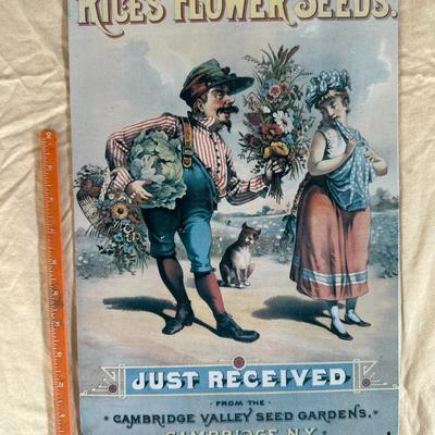 Antique Rice's Flower Seeds Metal Hanging Sign