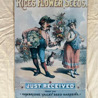 Antique Rice's Flower Seeds Metal Hanging Sign