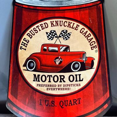 The Busted Knuckle Garage Motor Oil Can Hanging Metal Sign