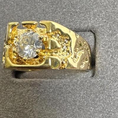 Vintage 18K HGE Gold Plated Nugget CZ Mens Statement Ring Size 11
