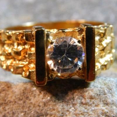 Men's NEW Ring Yellow Gold Plated, CZ & Nugget Style, Size 9.75, 9 Grams