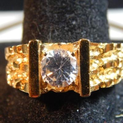 Men's NEW Ring Yellow Gold Plated, CZ & Nugget Style, Size 9.75, 9 Grams