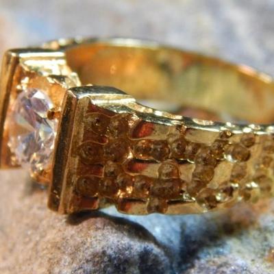 Men's NEW Ring Yellow Gold Plated, CZ & Nugget Style, Size 9.75, 9 Grams