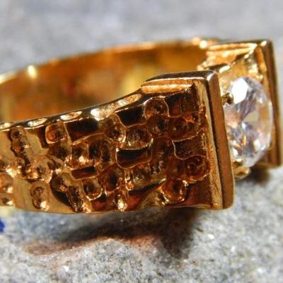 Men's NEW Ring Yellow Gold Plated, CZ & Nugget Style, Size 9.75, 9 Grams