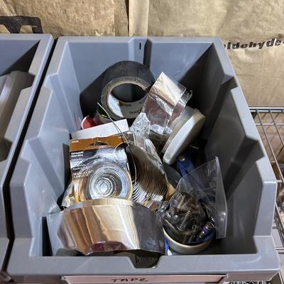 3 STACKING BINS OF VARIOUS TAPE AND HARDWARE