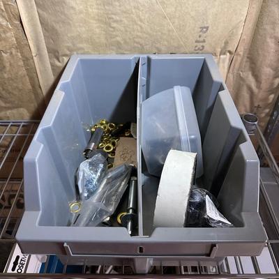 3 STACKING BINS OF VARIOUS TAPE AND HARDWARE