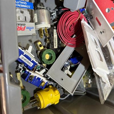2 STACKING BINS OF ELECTRICAL AND PLUMBING HARDWARE