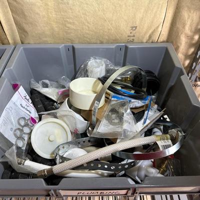 2 STACKING BINS OF ELECTRICAL AND PLUMBING HARDWARE