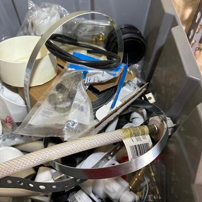 2 STACKING BINS OF ELECTRICAL AND PLUMBING HARDWARE