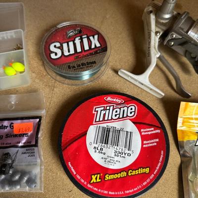 FISHING TACKLE, REELS, BAIT, RAIN SUIT W/PANTS & MEN'S BRAHMA BOOTS SIZE 10