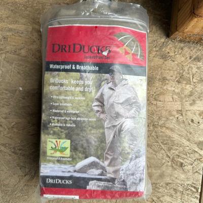 FISHING TACKLE, REELS, BAIT, RAIN SUIT W/PANTS & MEN'S BRAHMA BOOTS SIZE 10