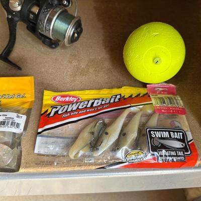 FISHING TACKLE, REELS, BAIT, RAIN SUIT W/PANTS & MEN'S BRAHMA BOOTS SIZE 10