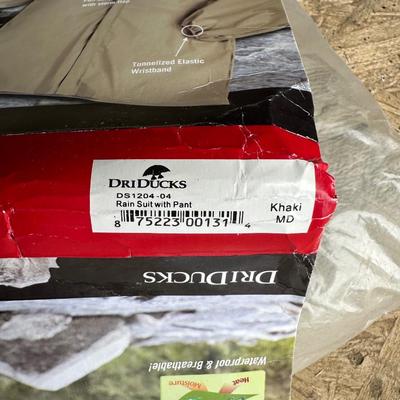 FISHING TACKLE, REELS, BAIT, RAIN SUIT W/PANTS & MEN'S BRAHMA BOOTS SIZE 10