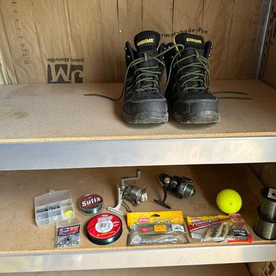 FISHING TACKLE, REELS, BAIT, RAIN SUIT W/PANTS & MEN'S BRAHMA BOOTS SIZE 10