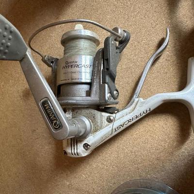 FISHING TACKLE, REELS, BAIT, RAIN SUIT W/PANTS & MEN'S BRAHMA BOOTS SIZE 10