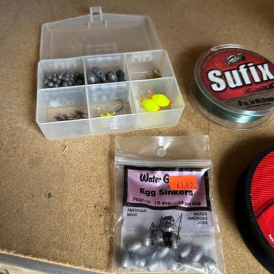 FISHING TACKLE, REELS, BAIT, RAIN SUIT W/PANTS & MEN'S BRAHMA BOOTS SIZE 10