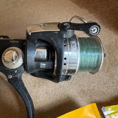 FISHING TACKLE, REELS, BAIT, RAIN SUIT W/PANTS & MEN'S BRAHMA BOOTS SIZE 10