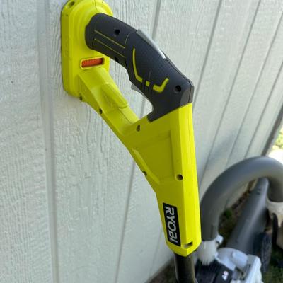 RYOBI GAS BLOWER/VACUUM AND RYOBI CORDLESS WEED CUTTER WITH CHARGER AND 2 BATTERIES