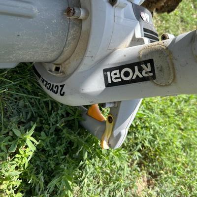 RYOBI GAS BLOWER/VACUUM AND RYOBI CORDLESS WEED CUTTER WITH CHARGER AND 2 BATTERIES
