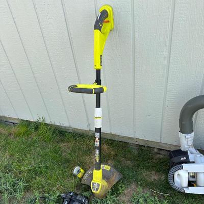 RYOBI GAS BLOWER/VACUUM AND RYOBI CORDLESS WEED CUTTER WITH CHARGER AND 2 BATTERIES