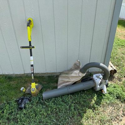 RYOBI GAS BLOWER/VACUUM AND RYOBI CORDLESS WEED CUTTER WITH CHARGER AND 2 BATTERIES