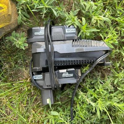 RYOBI GAS BLOWER/VACUUM AND RYOBI CORDLESS WEED CUTTER WITH CHARGER AND 2 BATTERIES