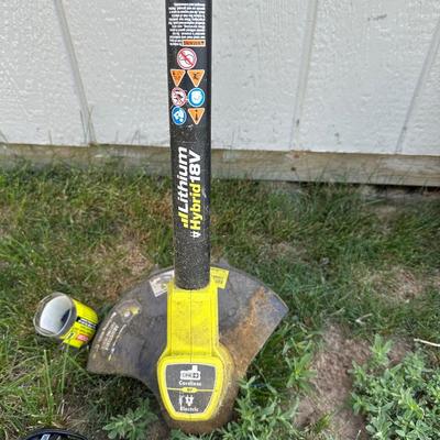 RYOBI GAS BLOWER/VACUUM AND RYOBI CORDLESS WEED CUTTER WITH CHARGER AND 2 BATTERIES
