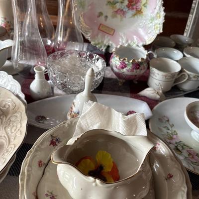 Variety of porcelain and Crystal items, including hurricane oil lamp globes