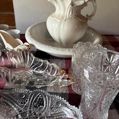 Variety of porcelain and Crystal items, including hurricane oil lamp globes