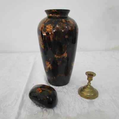 1 decorative vase, decorative painted rock, 1 candle holder