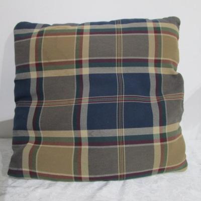 4 black chair cushions, 1 plaid pillow