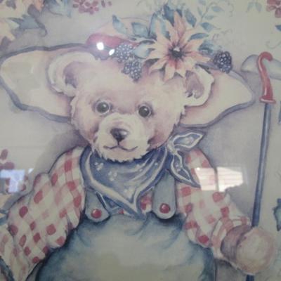 Teddy Bear farmer framed picture, gingham checkerboard