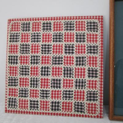 Teddy Bear farmer framed picture, gingham checkerboard