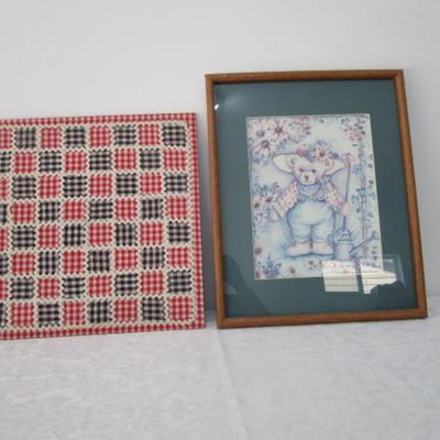 Teddy Bear farmer framed picture, gingham checkerboard
