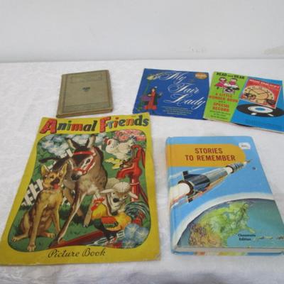 1 storybook & record, 1 story record, 1 Animal Friends, 1- 1899 antique book, 1 storybook