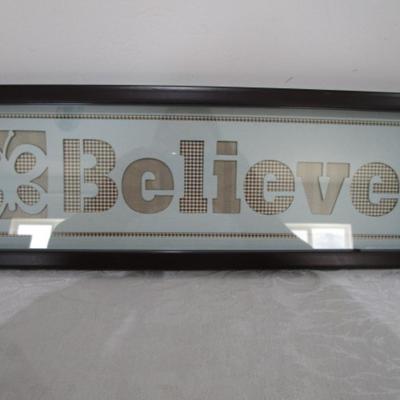 4 picture frames, framed "Believe" wall plaque