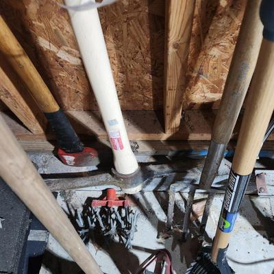 Lot of Garden Tools , Car Jacks , Garden Sprayers, Axe, Racks, Pick, Pitch Fork