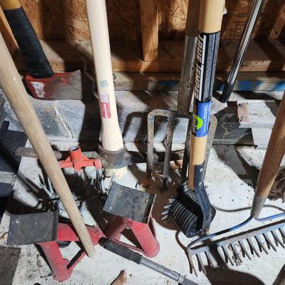 Lot of Garden Tools , Car Jacks , Garden Sprayers, Axe, Racks, Pick, Pitch Fork