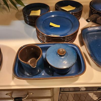 Lot of Garbiel Blue Brown Made in Sweden Plates , Cups Saucers, Pots, Creamer Sugar , Trays