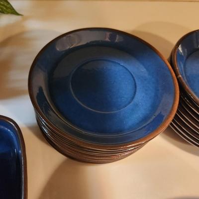Lot of Garbiel Blue Brown Made in Sweden Plates , Cups Saucers, Pots, Creamer Sugar , Trays