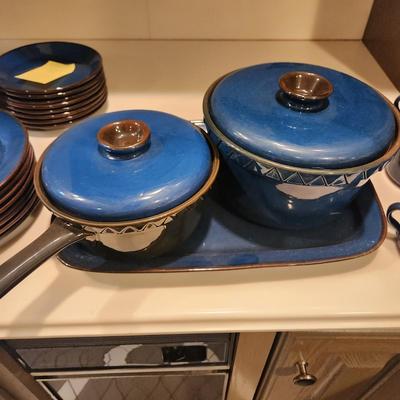 Lot of Garbiel Blue Brown Made in Sweden Plates , Cups Saucers, Pots, Creamer Sugar , Trays
