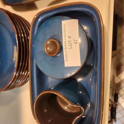 Lot of Garbiel Blue Brown Made in Sweden Plates , Cups Saucers, Pots, Creamer Sugar , Trays