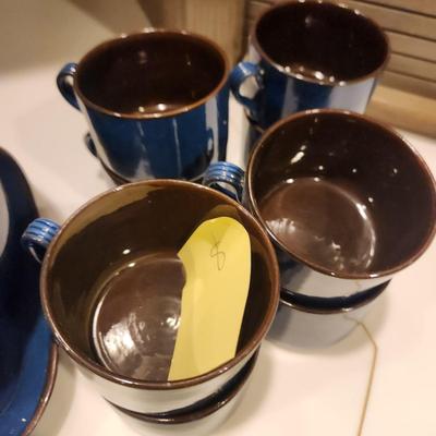 Lot of Garbiel Blue Brown Made in Sweden Plates , Cups Saucers, Pots, Creamer Sugar , Trays