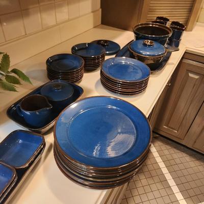 Lot of Garbiel Blue Brown Made in Sweden Plates , Cups Saucers, Pots, Creamer Sugar , Trays