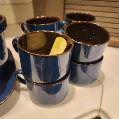 Lot of Garbiel Blue Brown Made in Sweden Plates , Cups Saucers, Pots, Creamer Sugar , Trays
