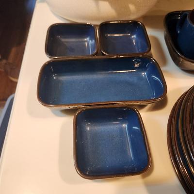 Lot of Garbiel Blue Brown Made in Sweden Plates , Cups Saucers, Pots, Creamer Sugar , Trays