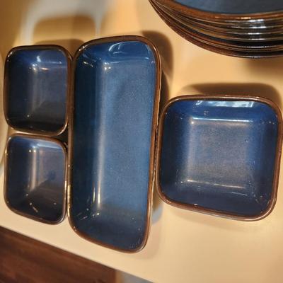Lot of Garbiel Blue Brown Made in Sweden Plates , Cups Saucers, Pots, Creamer Sugar , Trays