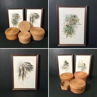 LOT 58: Vintage Native American Harrison Art Work by Artist Harrison Fisher and Four Woven Baskets with Lids