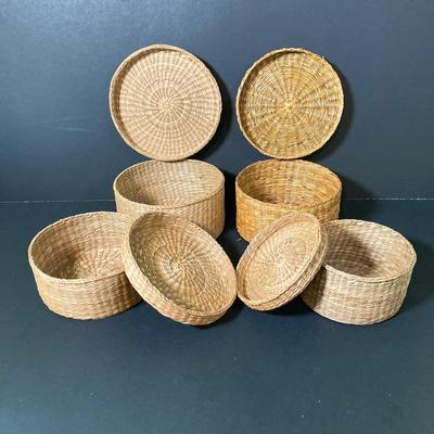 LOT 58: Vintage Native American Harrison Art Work by Artist Harrison Fisher and Four Woven Baskets with Lids